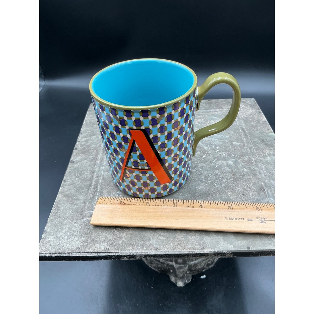 Anthropologie Monogram Letter A Bee Geometric Coffee Mug Blue Orange Turquoise - Picture 5 of 6